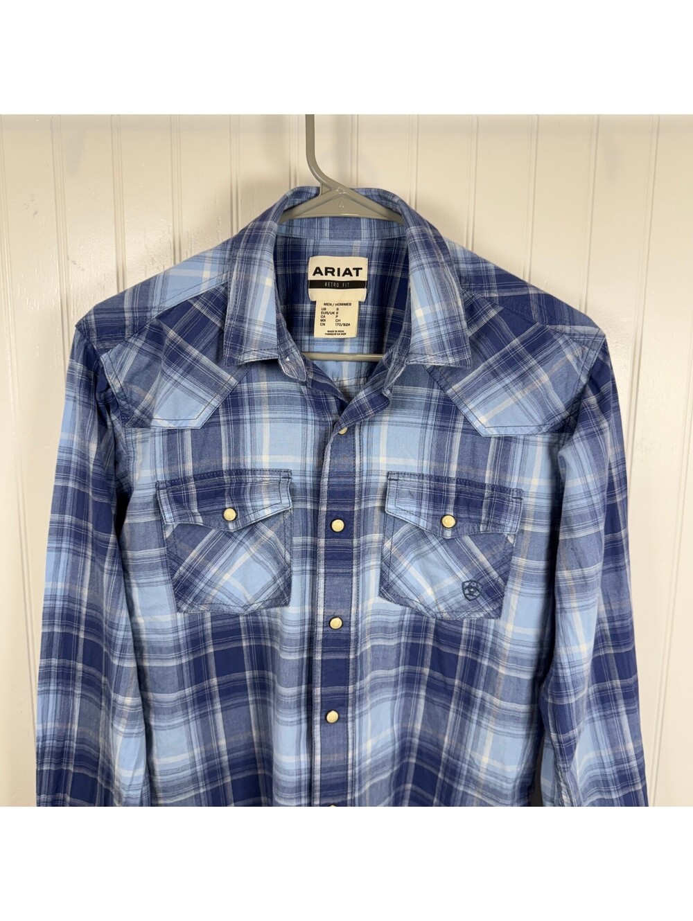 Ariat Halmaty Retro Fit Pearl Snap Men's Blue Plaid Western Shirt Size S